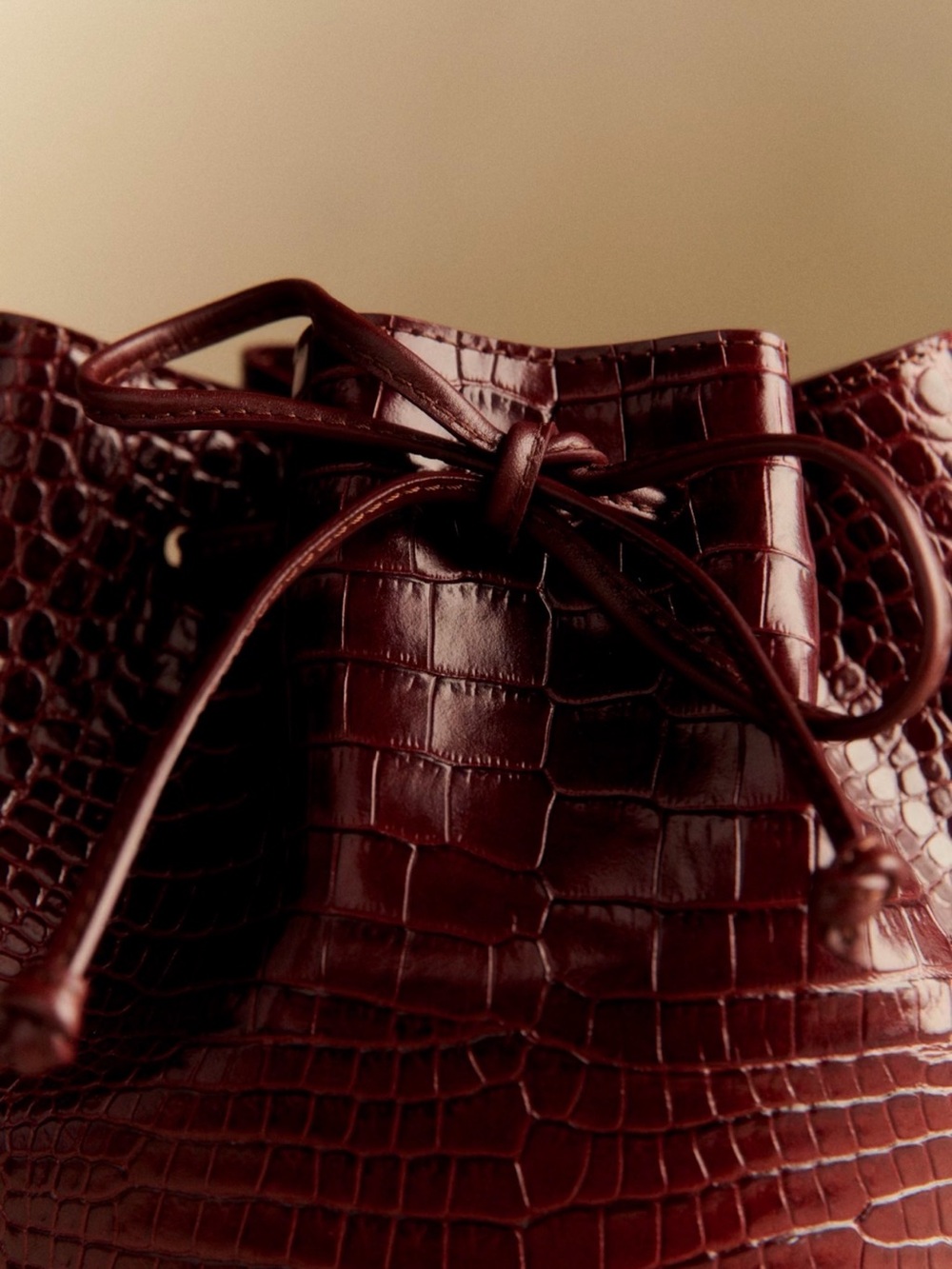 NWT Sezane Chocolate Croc-Embossed Drawstring Bucket Bag - Picture 3 of 10